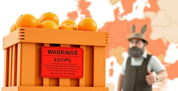 Una caja de naranjas con una etiqueta de advertencia en rojo por residuos tóxicos, sobre un fondo de mapa de Europa con Egipto destacado. Un agricultor europeo observa con preocupación.
