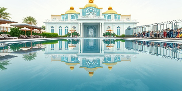 Una ilustración satírica que muestra un palacio lujoso con una piscina cristalina y sombrillas elegantes, mientras que en el reflejo del agua se ve una frontera caótica con vallas y multitud. Estilo editorial de revista, colores vibrantes en el palacio y tonos grises en el reflejo.