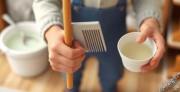 Una persona sostiene una escoba y un peine metálico, con un balde de agua y vinagre al fondo.