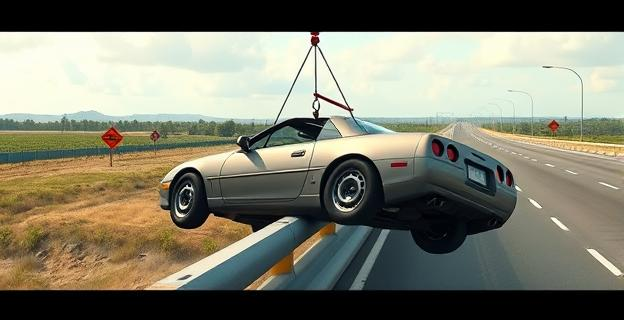 Imagen de un coche parcialmente suspendido sobre un pretil de un puente, con una grúa o eslinga en el lugar. Al fondo, un paisaje de carretera rural con señales de tráfico y vegetación.