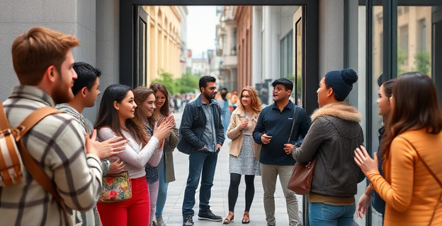 Una escena urbana con personas de diferentes edades y etnias saludándose entre sí en un portal o en la calle, con expresiones de amabilidad y cortesía, mientras algunos responden con sonrisas y otros permanecen distraídos o ignoran el saludo.