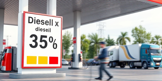 Una estación de servicio con un letrero que indica la reducción del impuesto al diésel, con coches y camiones repostando en el fondo