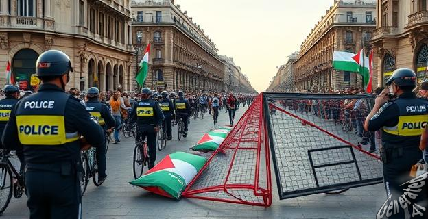 Imagen de manifestantes propalestinos invadiendo el recorrido de la Vuelta a España en el Paseo del Prado de Madrid, con agentes de policía y vallas derribadas.