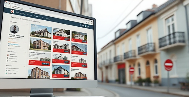 Una imagen que muestra un portal inmobiliario en una pantalla de ordenador con múltiples anuncios de viviendas okupadas resaltados en rojo. Al fondo, una calle con varios edificios de viviendas con fachadas deslucidas y algunos con carteles de 