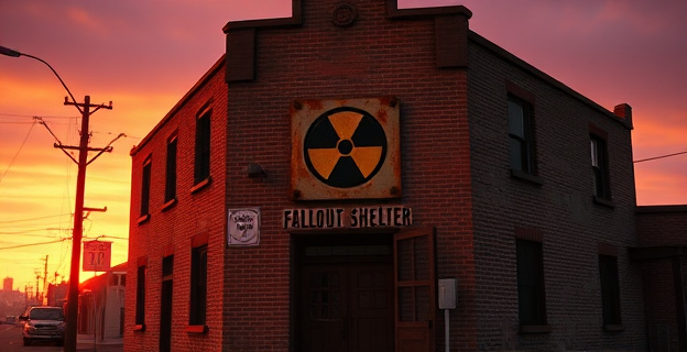 Una ilustración nostálgica y ligeramente melancólica. Un edificio de ladrillo antiguo de los años 40, bañado por una luz cálida y difusa del atardecer. Sobre su entrada principal, un cartel oxidado y descolorido con el símbolo de un refugio antiradiación: un círculo negro con tres triángulos amarillos. El entorno evoca una pequeña ciudad americana, con un cielo de tonos naranjas y morados, sin figuras humanas, solo la arquitectura como testigo silencioso del pasado. La imagen debe transmitir una sensación de historia olvidada y resiliencia.