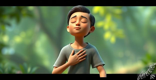 Una persona practicando mindfulness en un entorno tranquilo, con los ojos cerrados y una mano en el pecho, rodeada de elementos naturales que evocan calma.