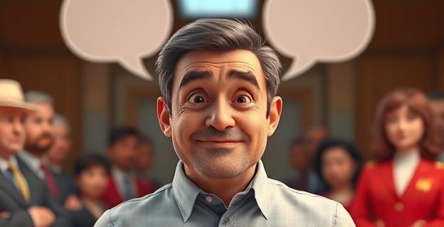 Imagen de un hombre adulto con expresión infantil, rodeado de globos de diálogo vacíos y figuras de autoridad en el fondo, simbolizando la falta de madurez emocional y comunicación efectiva.