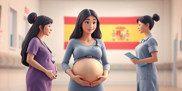 Una mujer embarazada con un médico y una enfermera en un hospital, con un fondo de una Constitución española