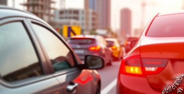 Imagen de un coche atascado en una carretera con obras en el fondo