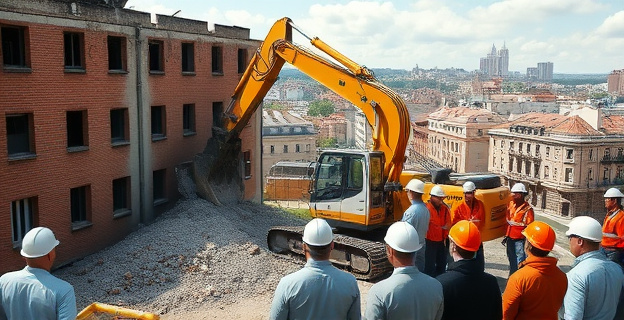 Una excavadora de demolición en acción, derribando muros de ladrillo y ventanas de un complejo militar abandonado. Alrededor, varios hombres y mujeres con cascos de obra, observando atentamente. Al fondo, un paisaje urbano de Madrid.