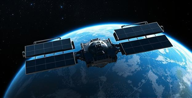 Imagen de un satélite militar avanzado en órbita alrededor de la Tierra con tecnología de energía dirigida y capacidades cibernéticas, con fondo de estrellas y planeta azul