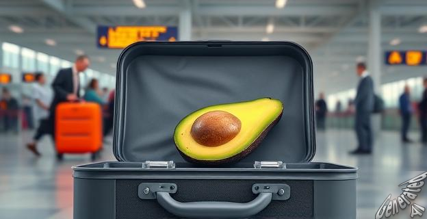 Imagen de una maleta abierta con un aguacate en su interior, en el fondo de un aeropuerto con controles de seguridad y autoridades fitosanitarias inspeccionando equipajes.