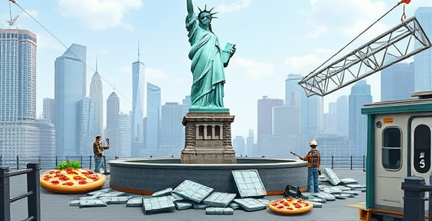 Una representación artística de la Estatua de la Libertad siendo ensamblada en su pedestal, con piezas dispersas alrededor y trabajadores en el fondo. Alrededor, imágenes icónicas de Nueva York como la pizza y el metro.