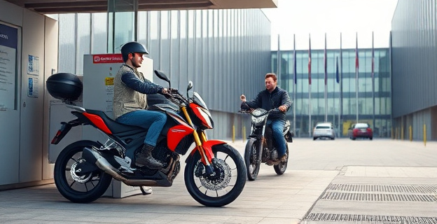 Imagen de una moto en una estación de inspección técnica, con un eurodiputado y un motociclista discutiendo en primer plano, mientras al fondo se ve el Parlamento Europeo. La escena refleja la tensión entre la política centralizada y las necesidades locales.