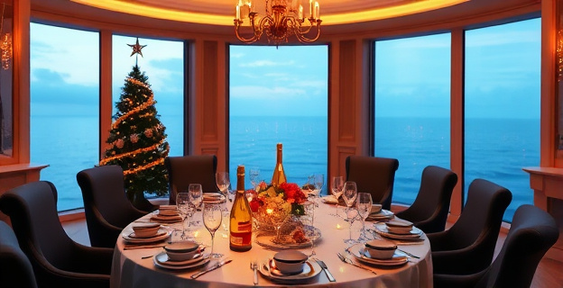 Una imagen de un salón lujoso con una mesa puesta para una cena de Nochevieja, con champán y platos gourmet, mientras se ve el mar Atlántico a través de grandes ventanales