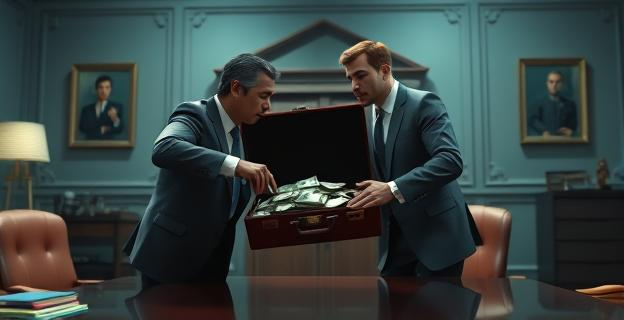 Una escena de una reunión secreta en un despacho político con una persona entregando un maletín con dinero a otra, con un ambiente tenso y sospechoso de fondo