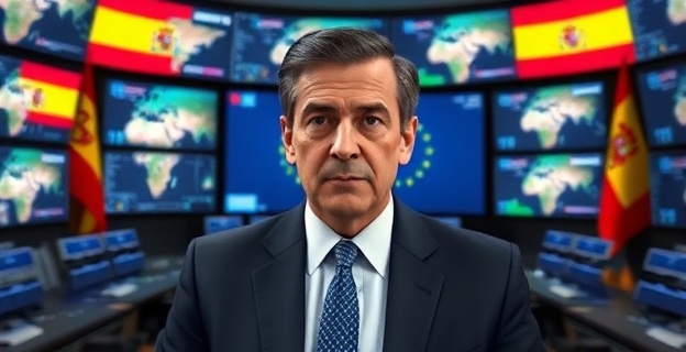 Una imagen del presidente del Gobierno español en una sala llena de pantallas mostrando mapas de Oriente Medio y gráficos de crisis internacional, con un fondo de banderas de España y la UE, y una expresión seria en su rostro.