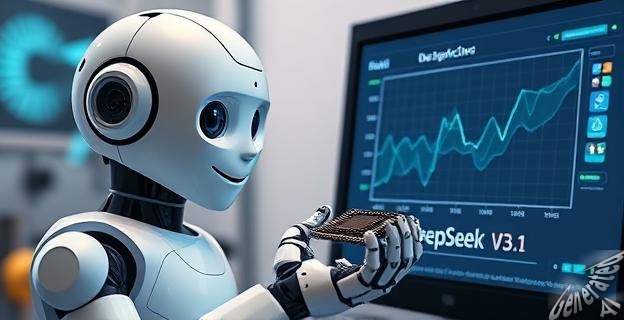 Una imagen de un robot de IA chino con un microchip en su mano, sonriendo levemente mientras mira un gráfico de DeepSeek V3.1 en una pantalla de computadora