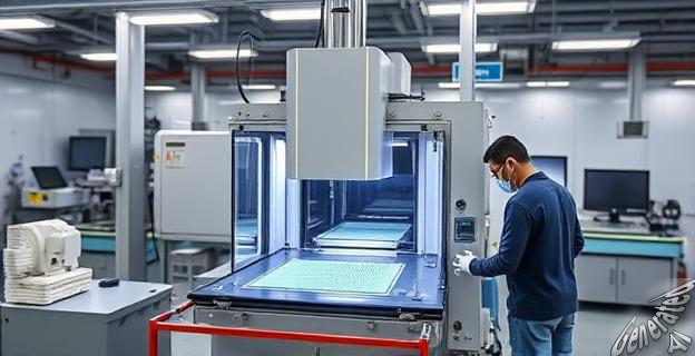 Una imagen de un equipo de litografía de nanoimpresión en una fábrica de chips en China, con técnicos trabajando en él.