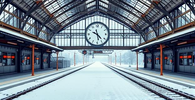 Imagen de una estación de tren vacía con un gran reloj mostrando la hora de un tren perdido en medio de un paisaje nevado representando la Navidad