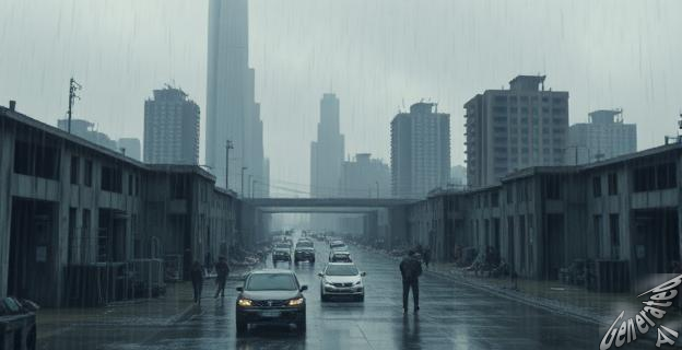 Una imagen de una ciudad postapocalíptica con lluvia y personajes en una situación de supervivencia