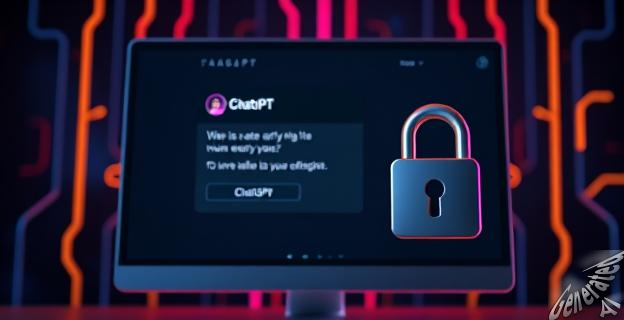 Una pantalla de ordenador mostrando la interfaz de ChatGPT con un fondo oscuro y luces de neón representando conexiones de datos. En primer plano, un icono de verificación de edad y un candado simbolizando seguridad y privacidad.