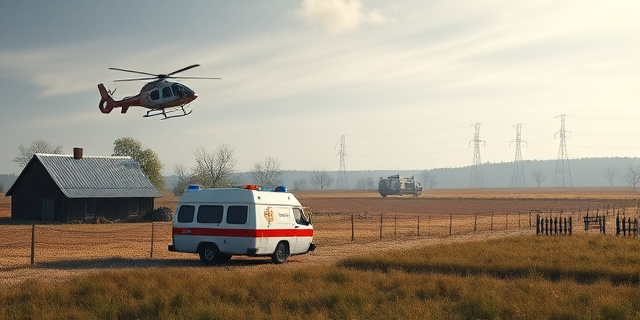 Un paisaje rural con una ambulancia antigua alejándose de una casa de campo, un helicóptero medicalizado sobrevolando la escena, una UVI móvil emergiendo en la distancia, todo bajo un cielo que pasa de gris a azul brillante, sin rostros ni textos
