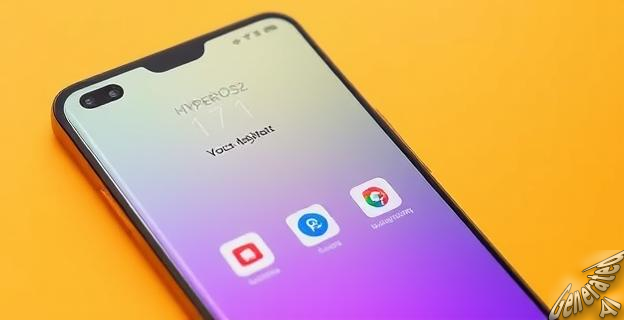 Una imagen de un smartphone Xiaomi con la pantalla mostrando la actualización de HyperOS2, con iconos de cámara, imágenes y asistente de voz en la pantalla.