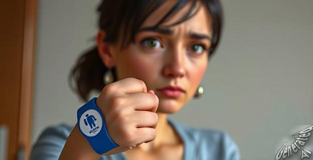 Una mujer sostiene una pulsera antimaltrato mientras mira una sentencia judicial con una expresión de preocupación