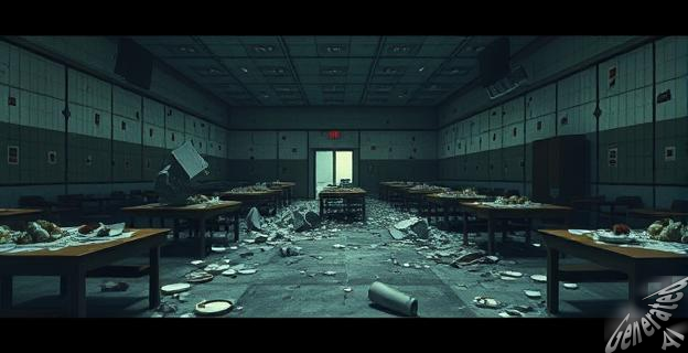 Una escena caótica dentro de un comedor institucional, con mesas volcadas y comida esparcida por el suelo. Se ven platos rotos y utensilios desordenados. Las paredes muestran signos de vandalismo y hay una sensación general de tensión y desorden. La iluminación es tenue y dramática, acentuando el caos. No hay personas visibles, solo el rastro del disturbio.
