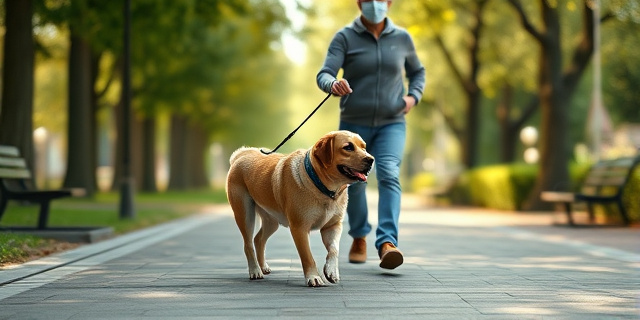 Un perro de postura relajada junto a una persona mayor de 50 años, caminando por un parque urbano, con luz natural suave. La escena muestra la convivencia entre humanos y perros en un entorno cotidiano, sin rostros reconocibles, con árboles y bancos de parque en el fondo.