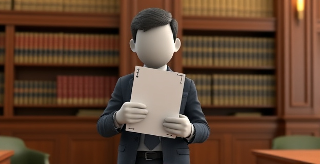 Una persona (sin rostro reconocible) intentando ocultar su dirección mientras sostiene un documento oficial y está en un entorno judicial con estanterías de libros de leyes al fondo.