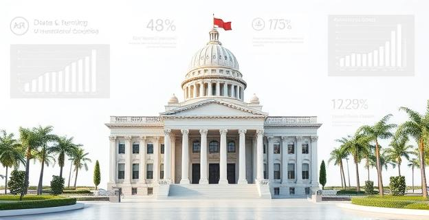 Estructura moderna de un edificio gubernamental con elementos estadísticos y gráficos de datos