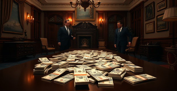 Imagen de un registro policial en una lujosa mansión con fajos de billetes desparramados sobre una mesa de madera oscura, en un ambiente de tensión y secretismo.