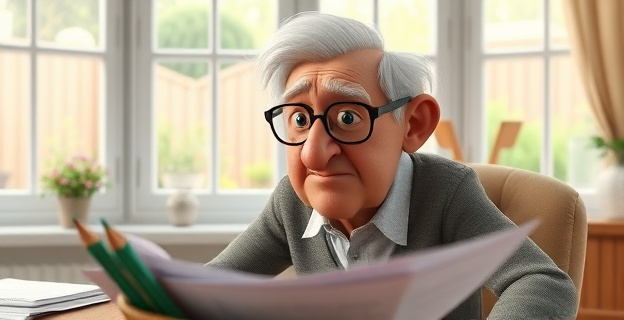 Un adulto mayor con expresión confundida, rodeado de papeles y lápices, con una ventana al fondo que muestra un jardín vacío