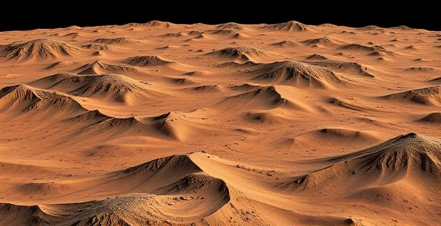 Paisaje marciano con zonas oscuras y líneas de pendiente recurrente, representando áreas de posible agua líquida y riesgo de contaminación microbiana