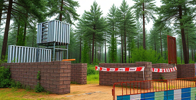 Imagen de una zona forestal con obras ilegales en curso, muros de bloque y estructuras metálicas en un paisaje natural protegido