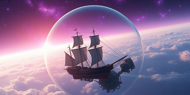 Una ilustración conceptual de estilo cyberpunk y espacial. Un barco velero de madera del siglo XVIII navegando sobre nubes gaseosas dentro de una esfera de cristal colosal que contiene un ecosistema alienígena. Al fondo, nebulosas púrpuras y estrellas distantes, con una estética de arte digital detallado y cinematográfico.