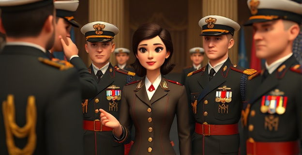 Una escena que muestra un grupo de militares de alto rango en un entorno formal, con uniformes adornados con insignias y condecoraciones, mientras un miembro femenino del grupo es destacado con un gesto de ascenso o reconocimiento, reflejando una atmósfera de formalidad y cierta tensión en el ambiente.