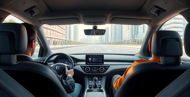 Imagen de un coche eléctrico en una autoescuela con un conductor novato al volante y un instructor a su lado, con un fondo de una ciudad española moderna