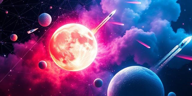 Una explosión de color abstracto representando la luna y el espacio, con formas geométricas que sugieren cohetes y constelaciones. Estilo de pintura digital con texturas vibrantes y luminosas. No incluir figuras humanas.