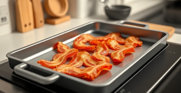 Una bandeja de horno con lonchas de beicon crujiente y dorado, rodeada de utensilios de cocina modernos y una encimera limpia.