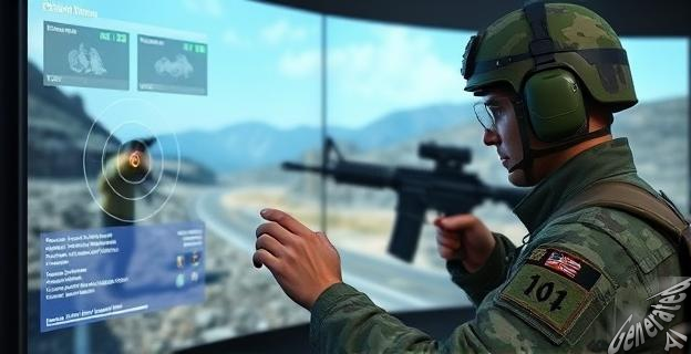 Ilustración de un militar británico utilizando una pantalla táctil con gráficos de objetivos digitales en un entorno de combate simulado.