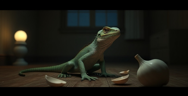 una lagartija en una habitación iluminada por la noche, con cáscaras de huevo y ajo en el suelo