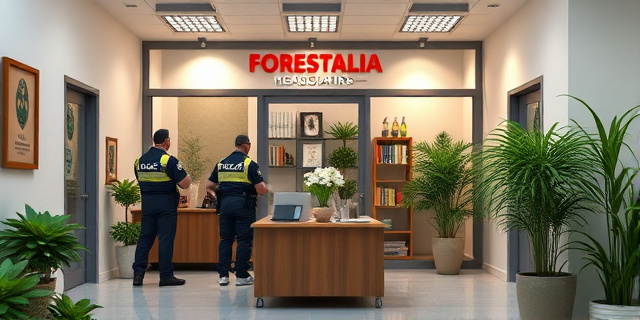 Una imagen de una sede de Forestalia con la Guardia Civil registrando la oficina