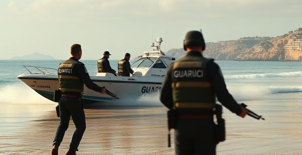 Una narcolancha siendo interceptada por una patrulla de la Guardia Civil en una playa de Andalucía, con un ambiente tenso y agentes armados en primer plano.