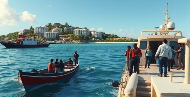 Imagen de un puerto con cayucos llegando a la costa de una isla con edificios al fondo. Hay menores inmigrantes bajando de las embarcaciones y siendo atendidos por personal de ayuda humanitaria.