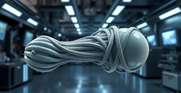 Representación abstracta de un músculo artificial robótico con filamentos entrelazados, mostrando un cambio gradual de una textura suave y flexible a una estructura rígida y fuerte. Se observa un pequeño objeto en la parte blanda y un objeto mucho más grande y pesado siendo sostenido por la parte rígida. El fondo es un laboratorio futurista con luces tenues y equipos de alta tecnología, sin presencia humana.