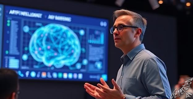 Un hombre hablando sobre inteligencia artificial en una conferencia con una pantalla de computadora mostrando un gráfico de IA detrás de él.
