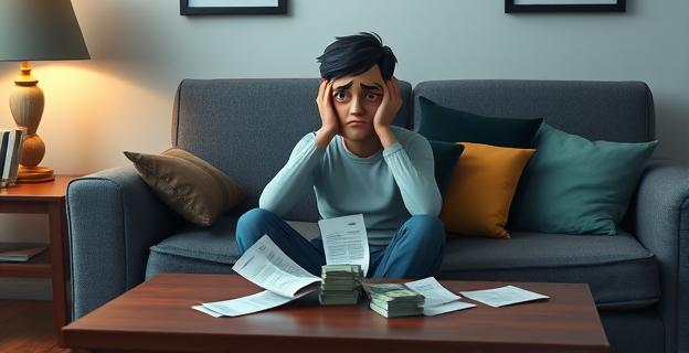 Una persona sentada en un sofá con una expresión de preocupación, rodeada de recibos y facturas, con una cantidad de dinero en efectivo sobre una mesa baja